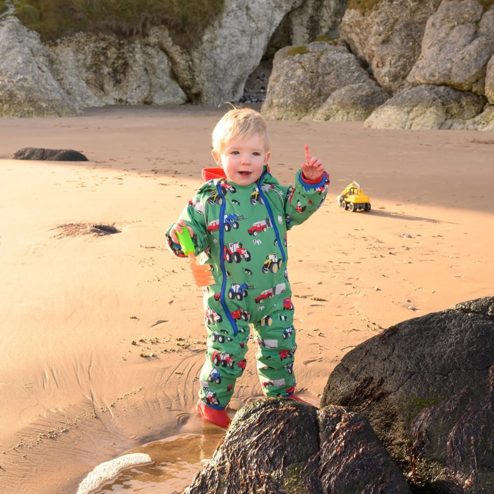 Boys Green Puddlesuit With Tractor Print