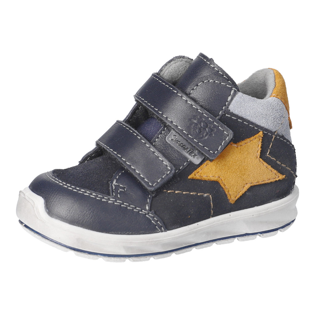 Navy children's shoe with a yellow star on a white background