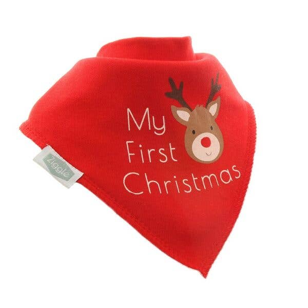 Red baby bib with reindeer illustration and 'My First Christmas' text on a white background