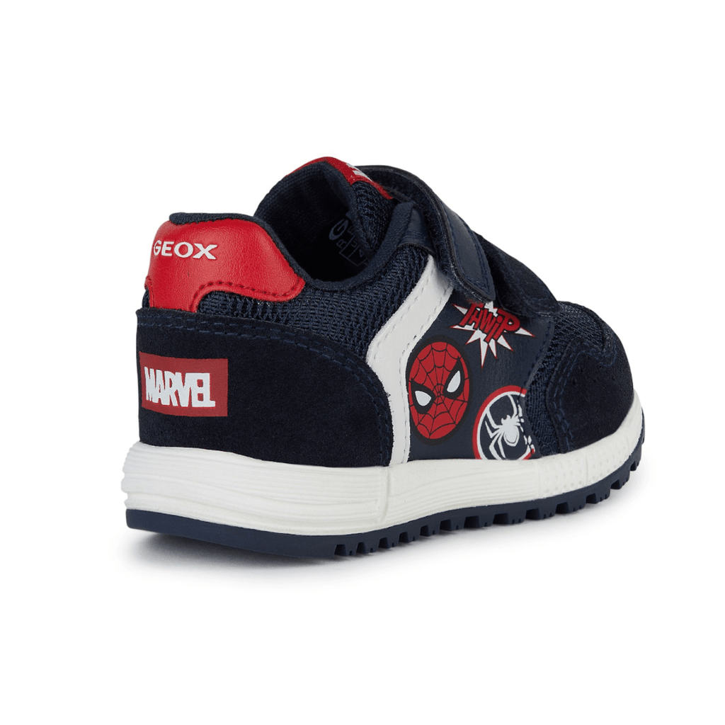 Geox Alben Spiderman Shoe - Navy/ Red, navy Velcro Geox with cartoon Spider-Man details.