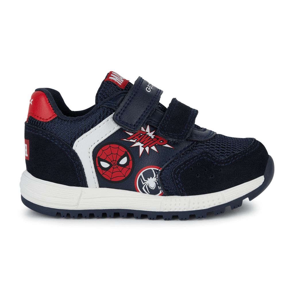 Geox Alben Spiderman Shoe - Navy/ Red, navy Velcro Geox with cartoon Spider-Man details.