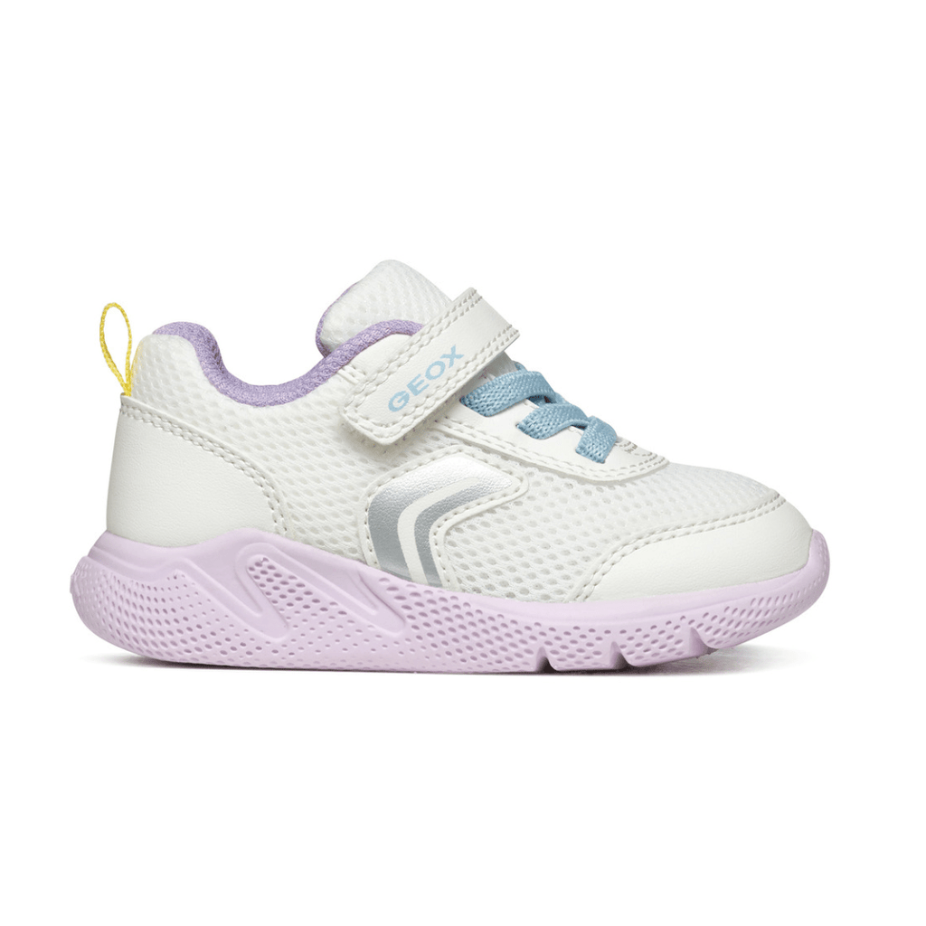 Geox Sprintye Girls Runners - White / Multicolour, white girlies runners with silver detailing and lilac sole
