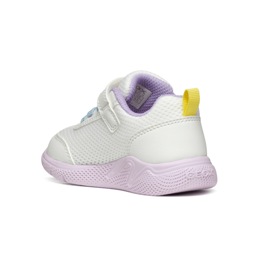 Geox Sprintye Girls Runners - White / Multicolour, white girlies runners with silver detailing and lilac sole