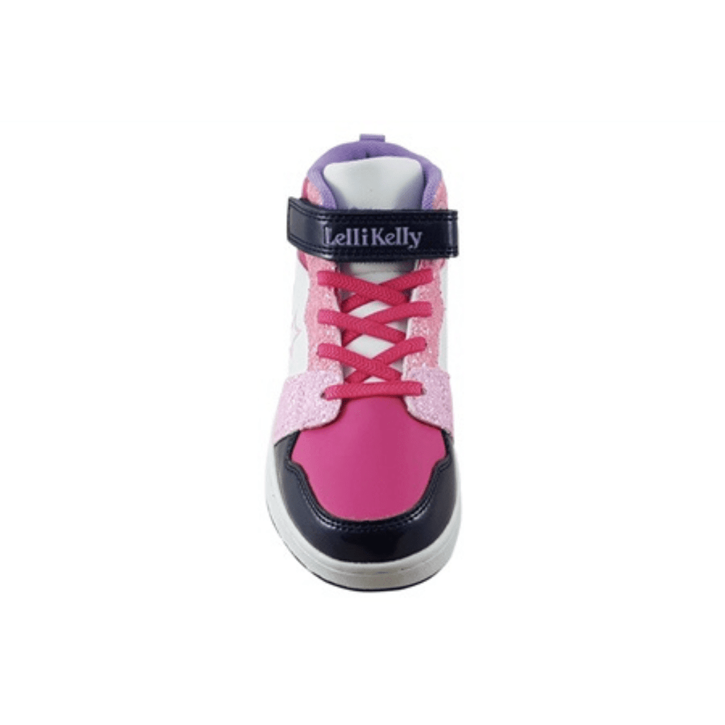 Lelli Kelly hip top trainer, lilac heel white white upper with star detailing and pink and back toe cup. 