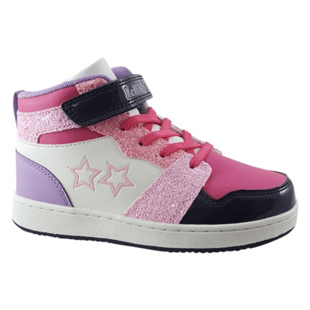 Lelli Kelly hip top trainer, lilac heel white white upper with star detailing and pink and back toe cup. 
