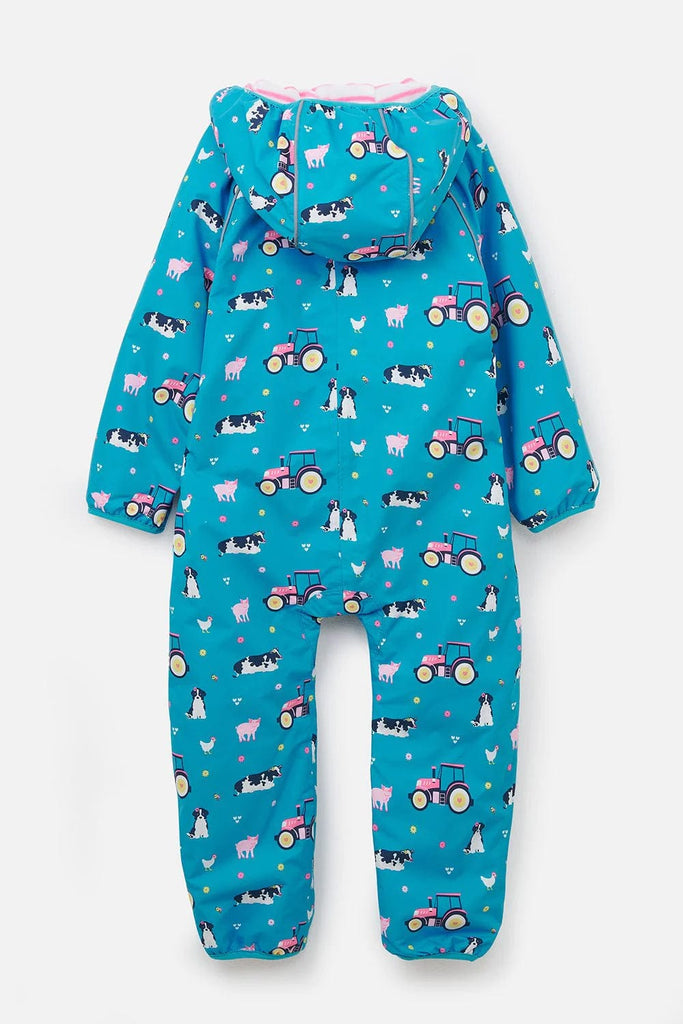 Boys Waterproof All In One Puddlesuit Teal Tractor Print
