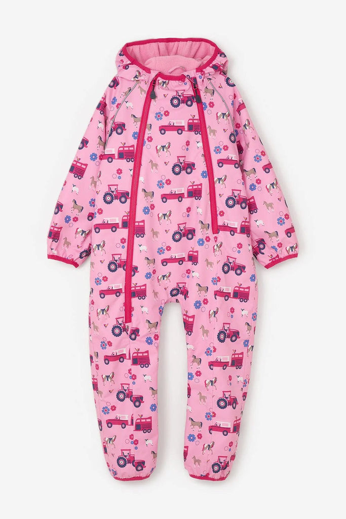 Boys Waterproof All In One Puddlesuit Pink Tractor 