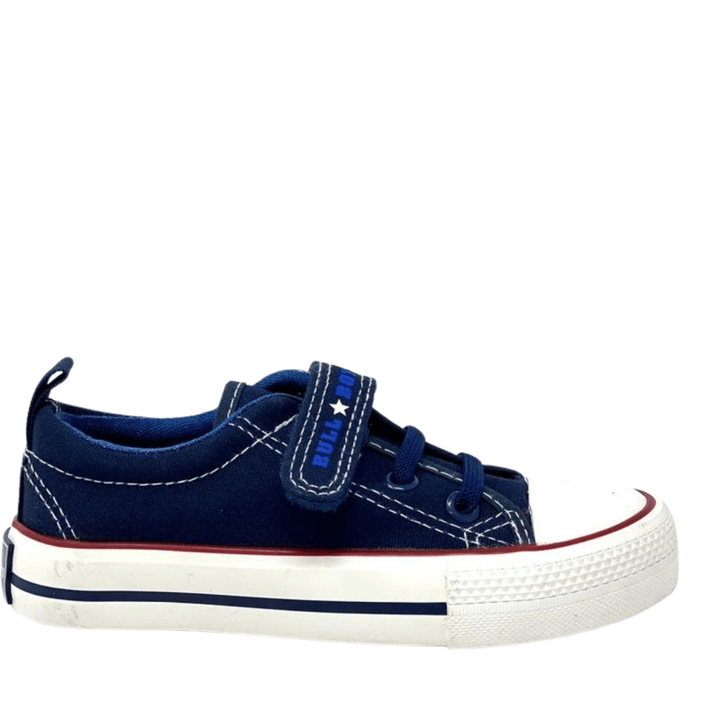 Navy Bull Boys canvas shoe with white sole and single Velcro closure 