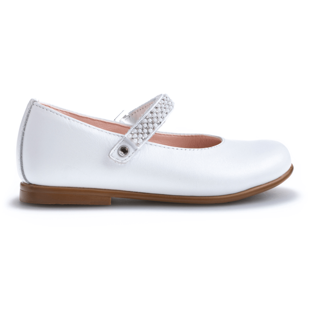 Pablosky Beaded Strap Girls Communion Shoes- Pearl White