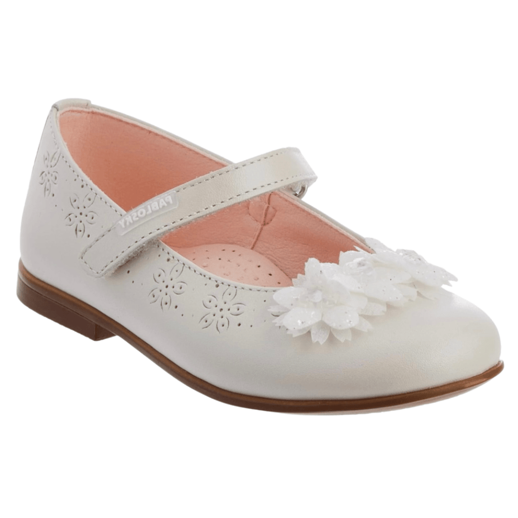 Pablosky Flower Detail Girls Communion Shoes- Pearl White