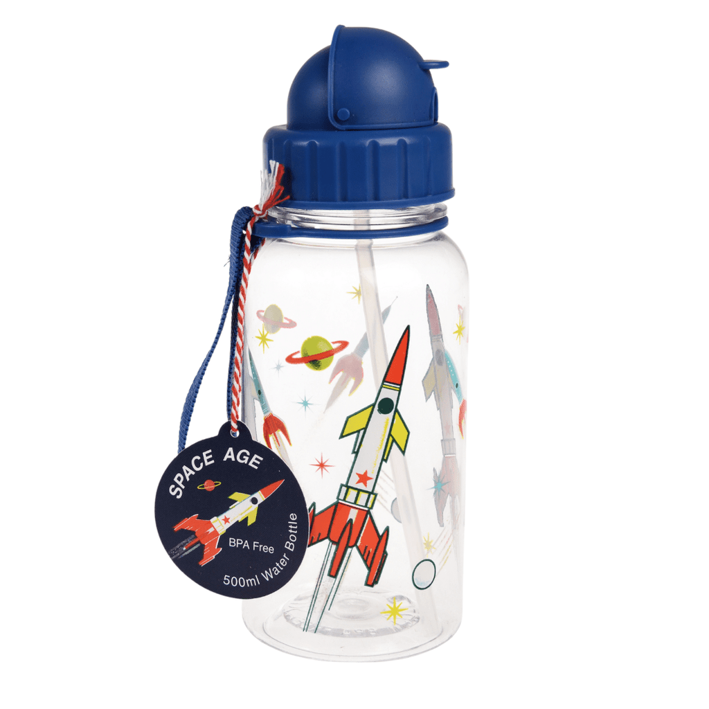 Rex London Space Age Children’s Water Bottle With Straw - Blue/Space Print