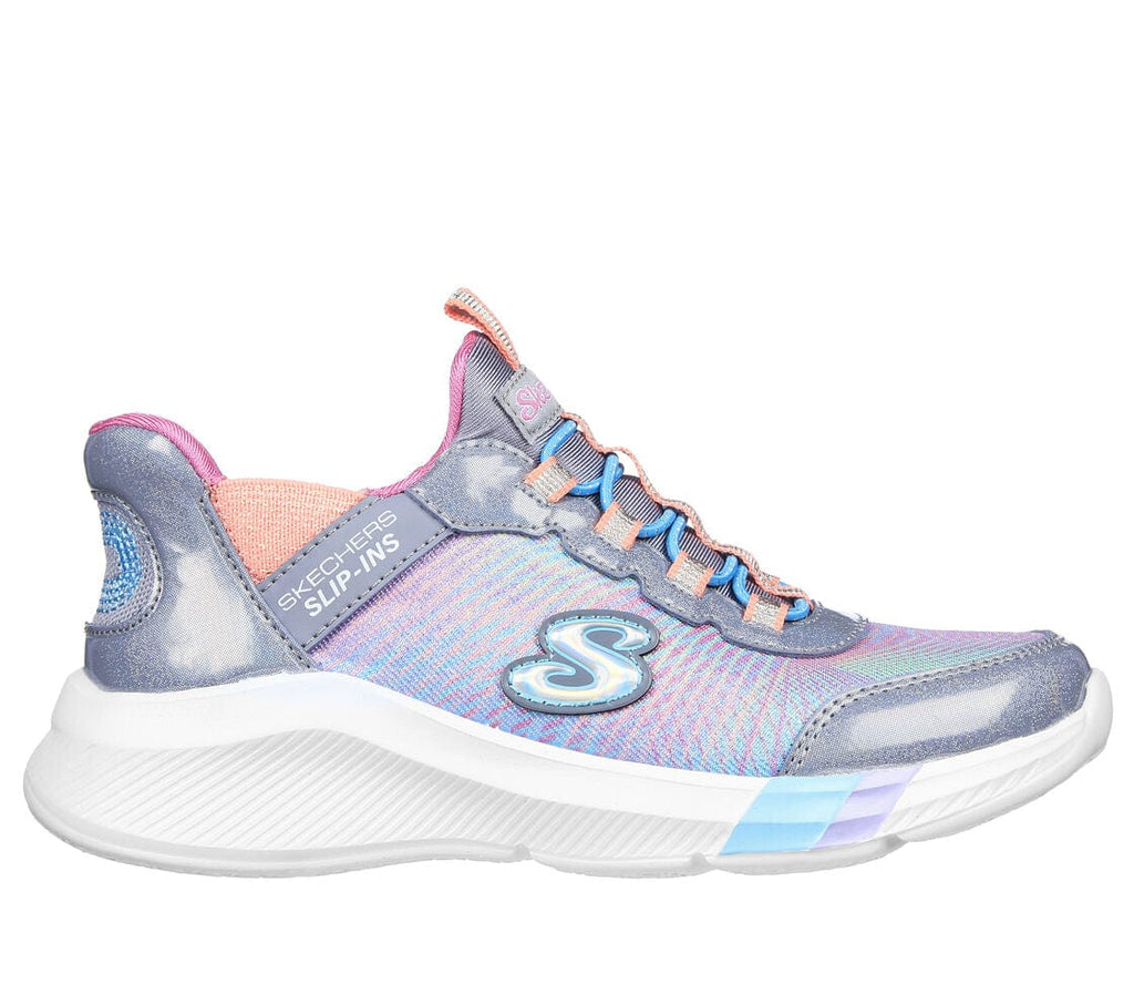 Silver Skechers slip on shoe with multicoloured sparkly upper and white sole. No  tie closure
