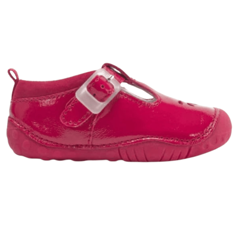 Ruby red Start Rite Prewalkers, single buckle strap, with sliver peak a boo detail 