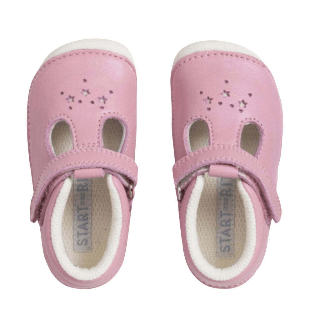 Pink girls start rite Prewalkers, single Velcro t-bar closure, white rubber toe bumper  